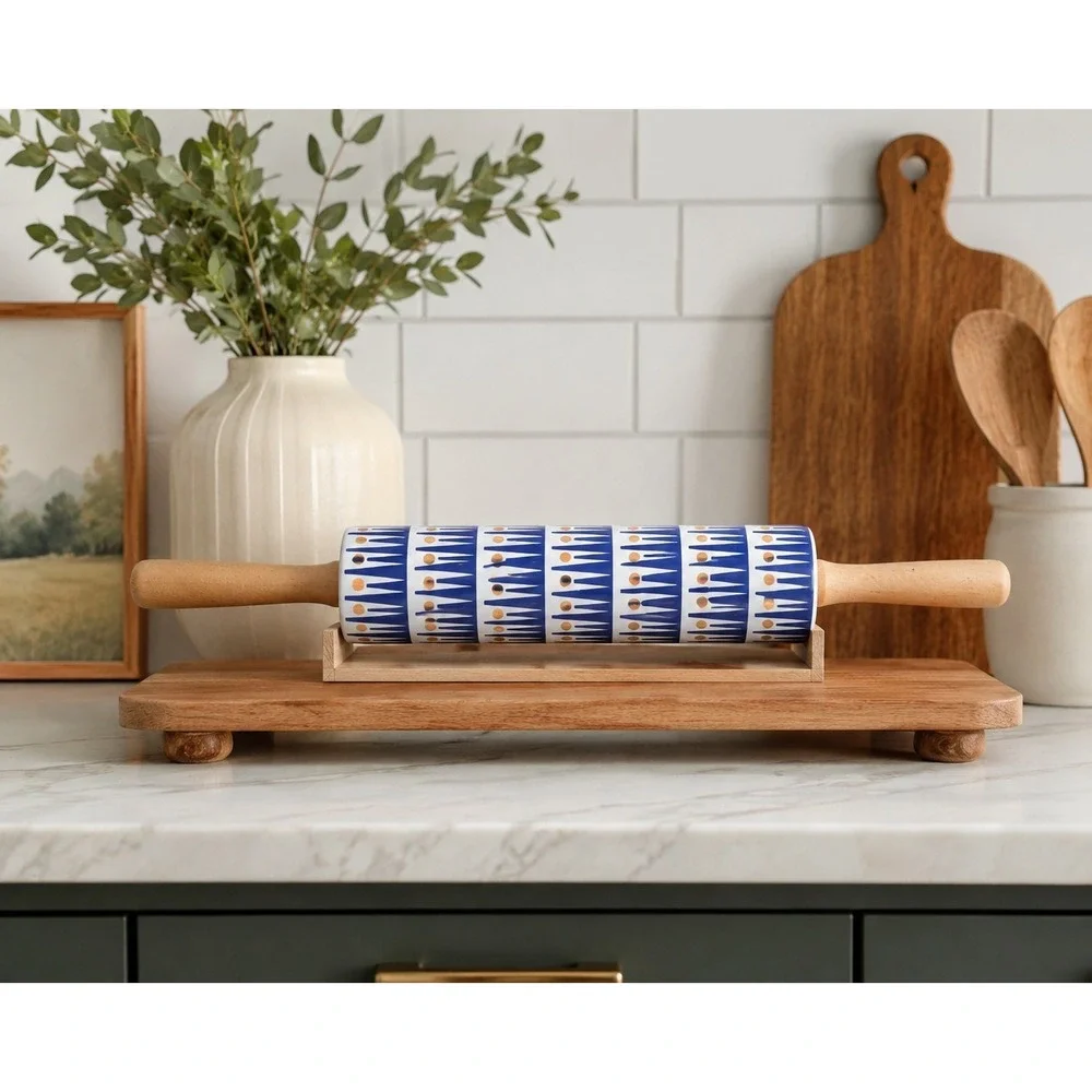 Modern Blue & White Geometric Ceramic Rolling Pin with Wooden Handles |...